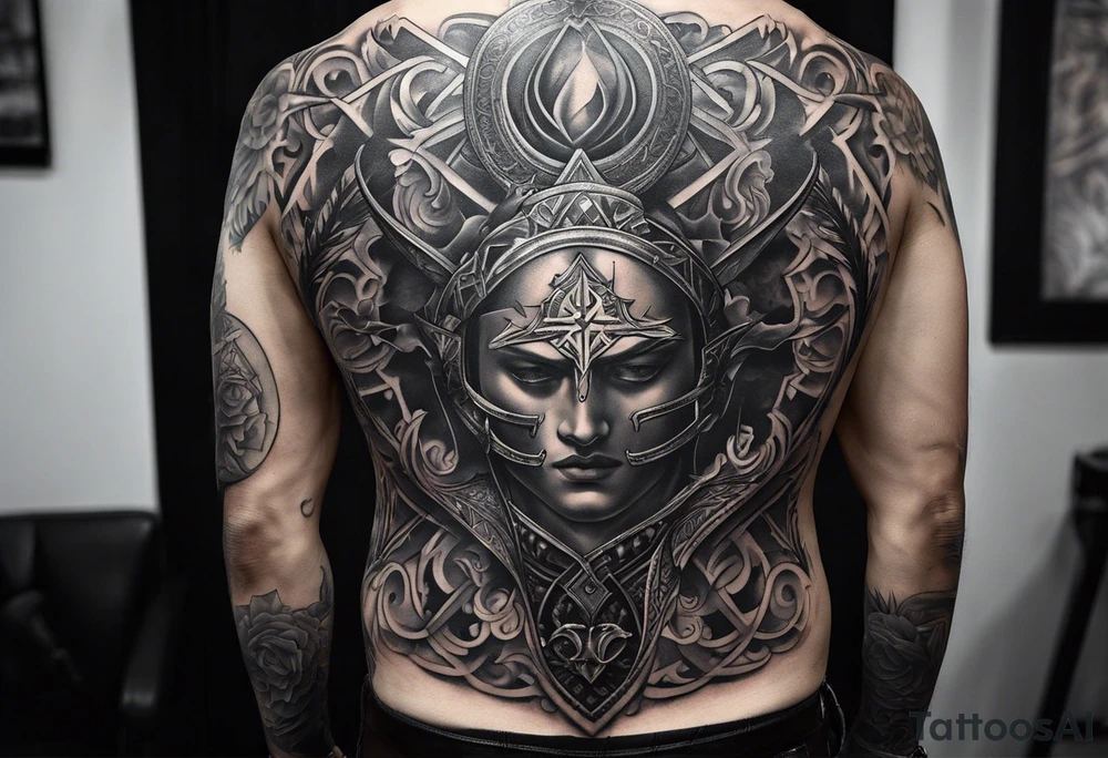 An aesthetic but unpretentious tattoo that is placed on the upper back of a male. It should represent catholic religion, discipline, pain and the love to animals. tattoo idea