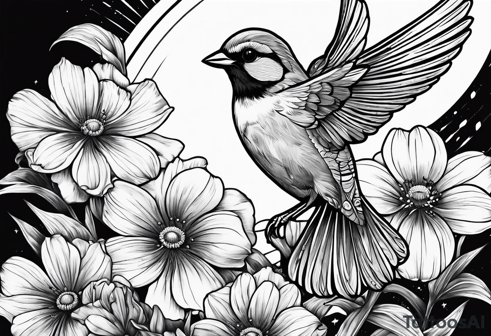 one flying 
sparrow, sunrays, 

 cosmos, iris, daisy tattoo idea