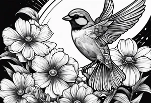 one flying 
sparrow, sunrays, 

 cosmos, iris, daisy tattoo idea