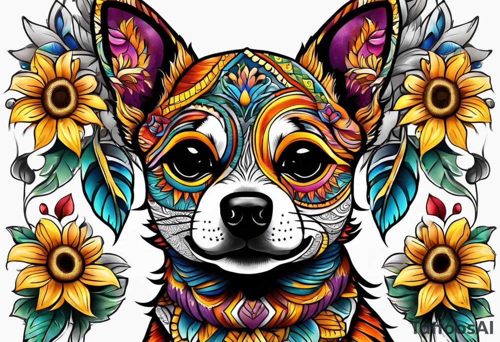 Alebrije pomchi face with sunflowers tattoo idea