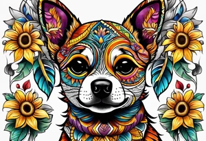 Alebrije pomchi face with sunflowers tattoo idea