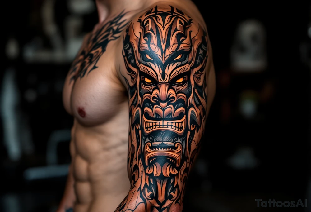 A black and brown totem pole with stacked animal faces carved into bark-like texture. tattoo idea