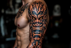 A black and brown totem pole with stacked animal faces carved into bark-like texture. tattoo idea