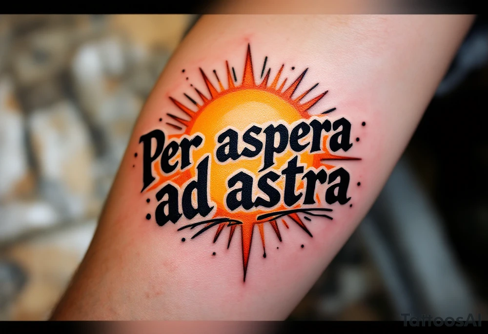 In bold blackletter font, the Latin quote "Per aspera ad astra"  blazes across a sunbeam backdrop of golden-yellow and fiery orange. tattoo idea
