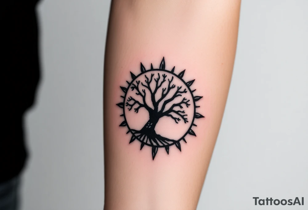 Tree inside of a spiral moving sun tattoo idea