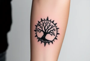 Tree inside of a spiral moving sun tattoo idea