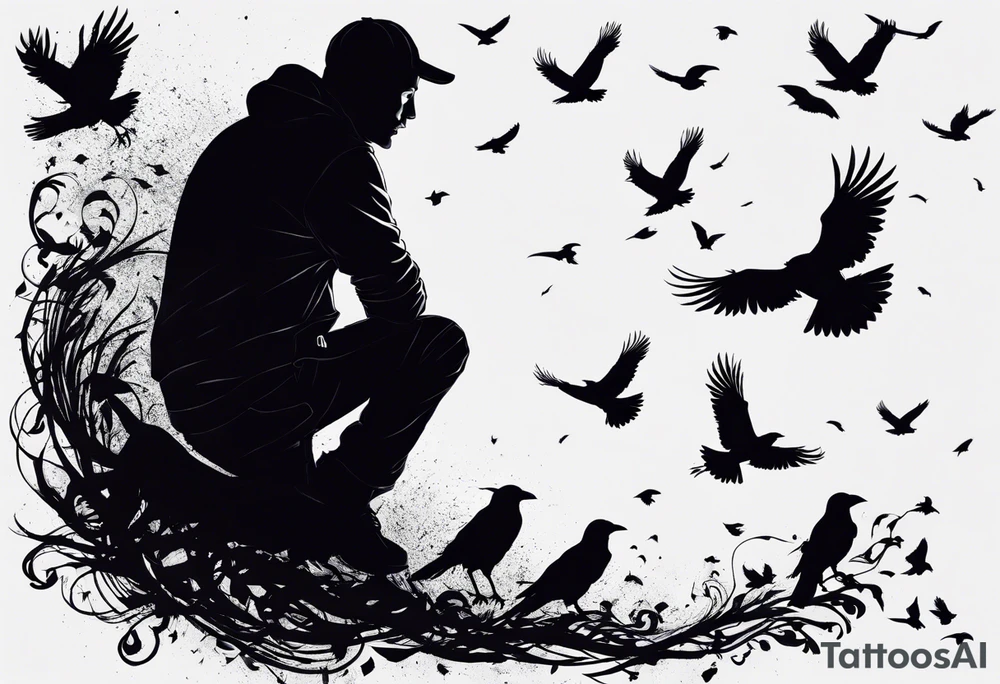 Silhouette of a man on his knees bent over with crows coming out his back like pieces of him flying away. tattoo idea