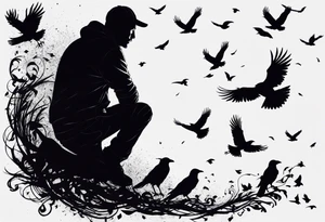 Silhouette of a man on his knees bent over with crows coming out his back like pieces of him flying away. tattoo idea