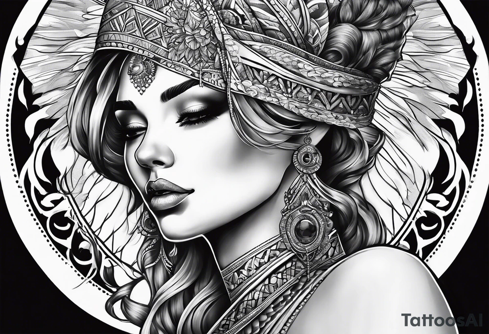 woman looking into the sun tattoo idea