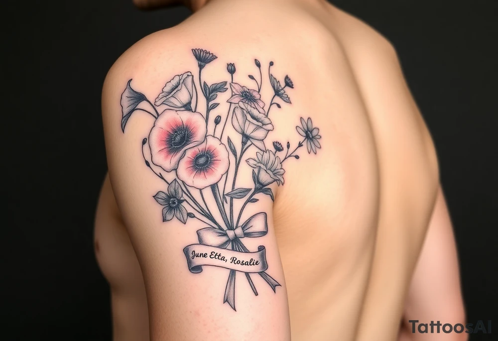 Half arm sleeve tattoo of 3 hollyhock flowers, one wild rose, 5 wild flowers in a bouquet with ribbon bow towards the bottom like the just got picked. On the ribbon include three names: June Etta, Roxy, Rosalie. Next the bouquet put a full realistic stethoscope tattoo idea