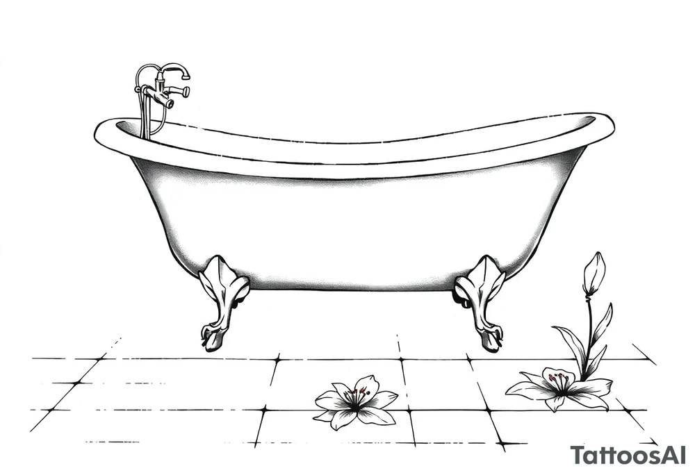 Clawfoot bathtub with lily coming up from tile floor tattoo idea