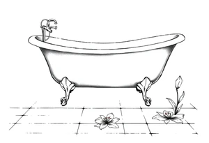 Clawfoot bathtub with lily coming up from tile floor tattoo idea