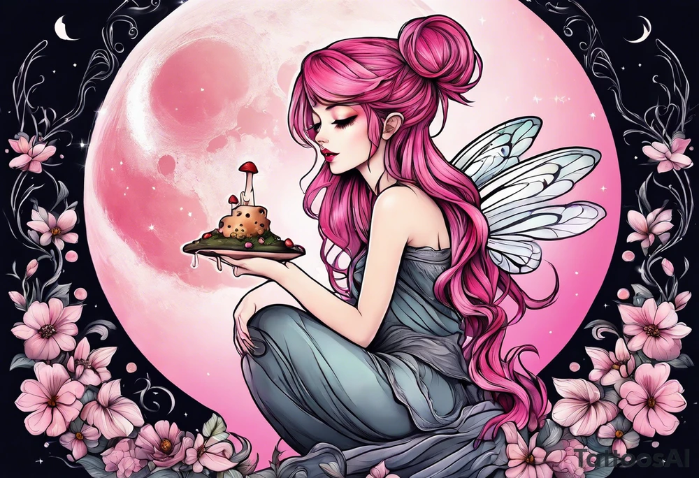 fairy with pink hair, eating a mushroom under the moon tattoo idea