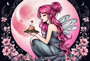 fairy with pink hair, eating a mushroom under the moon tattoo idea
