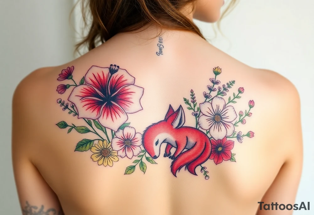 vintage bouquet of wild hibiscus
 and meadow flowers with morning dew and a fox tattoo idea