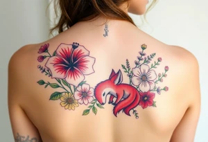 vintage bouquet of wild hibiscus
 and meadow flowers with morning dew and a fox tattoo idea