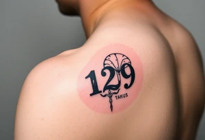 A 5x5cm squared forearm grunge tattoo with the number 129 and something like a fungus tattoo idea