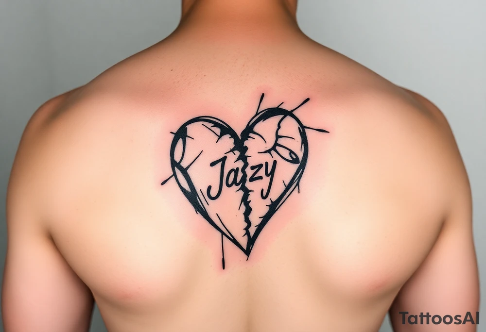upper arm tattoo -broken heart of a deceased best friend with the name Jazy incorporated tattoo idea