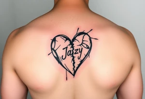 upper arm tattoo -broken heart of a deceased best friend with the name Jazy incorporated tattoo idea