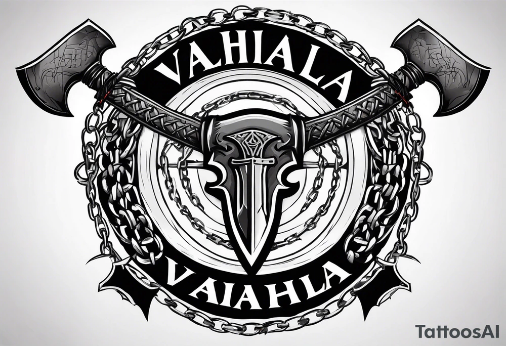 Valhalla sword round shield axe barbed wire chains tattoo idea