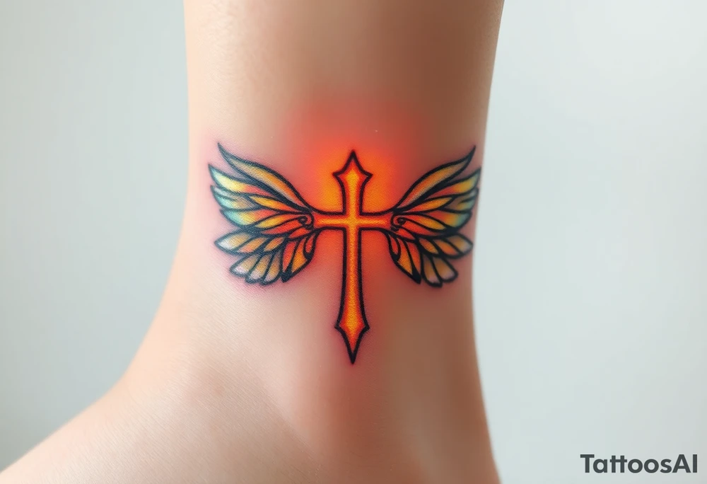 A floating cross inside a luminous halo, with iridescent wings that change colors in light tattoo idea