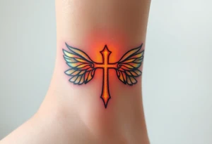 A floating cross inside a luminous halo, with iridescent wings that change colors in light tattoo idea