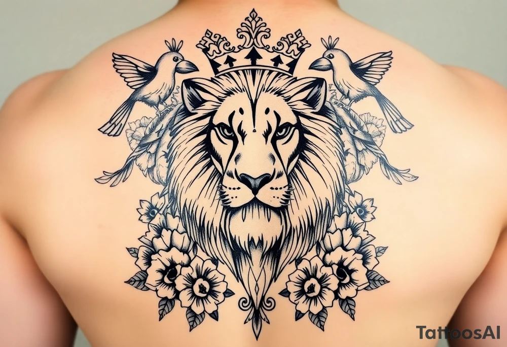 powerful majestic lion with a crown, surrounded by floral ornaments and birds tattoo idea