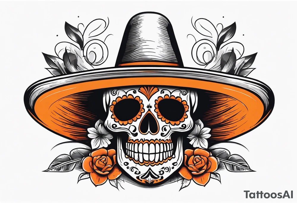 Mexican skull with sombrero with smoke coming out of the bottom orange and black tattoo idea