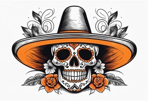 Mexican skull with sombrero with smoke coming out of the bottom orange and black tattoo idea