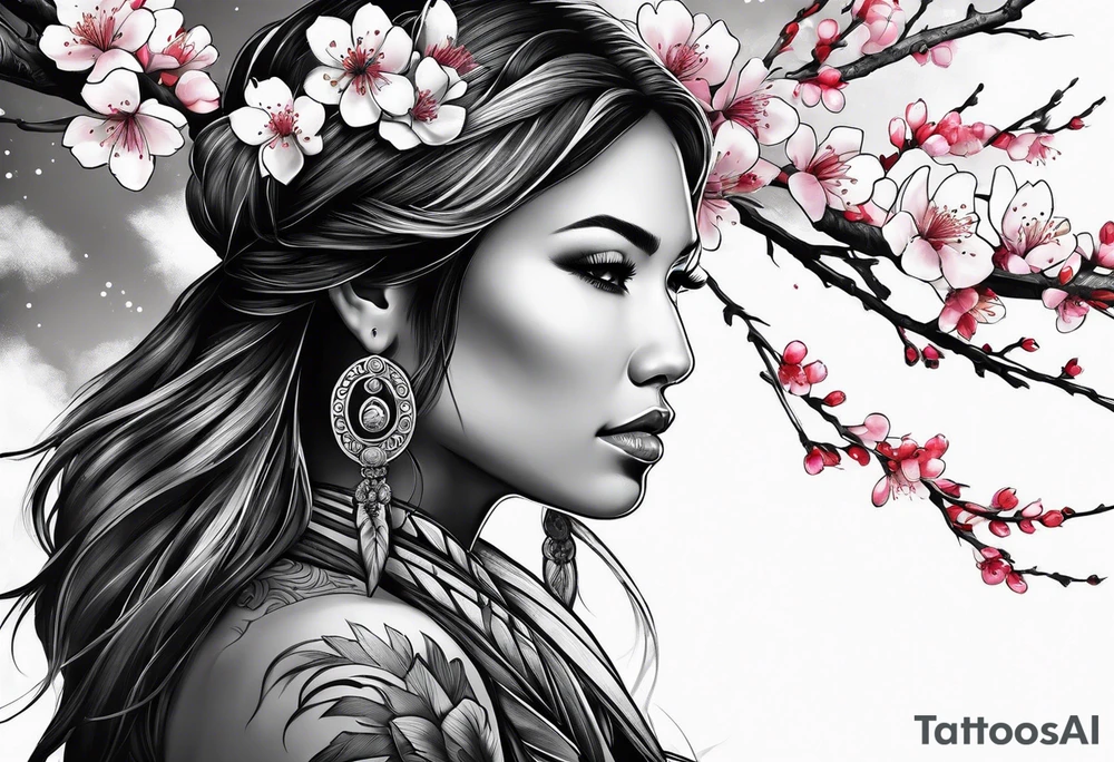 Native American woman wrapped by cherry blossom tree tattoo idea