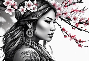Native American woman wrapped by cherry blossom tree tattoo idea