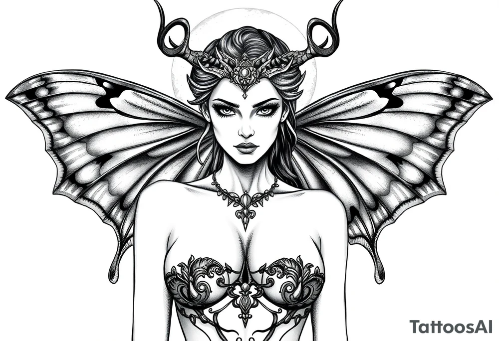 ethereal lunar moth resemblance powerfully sexy depiction of the goddess estate nude full frontal with exotic erotic lingerie orgasmic stare realistic the hottest depiction of the goddess of Love and war tattoo idea