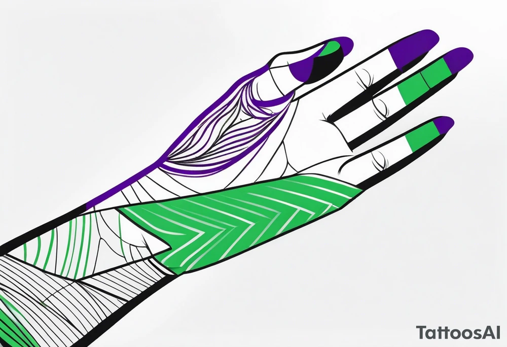lines around wrist, abstract, green and purple, covered from wrist to forearm, fully covered, no borders, blackwork, no people tattoo idea