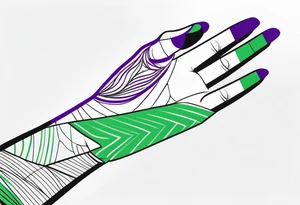 lines around wrist, abstract, green and purple, covered from wrist to forearm, fully covered, no borders, blackwork, no people tattoo idea
