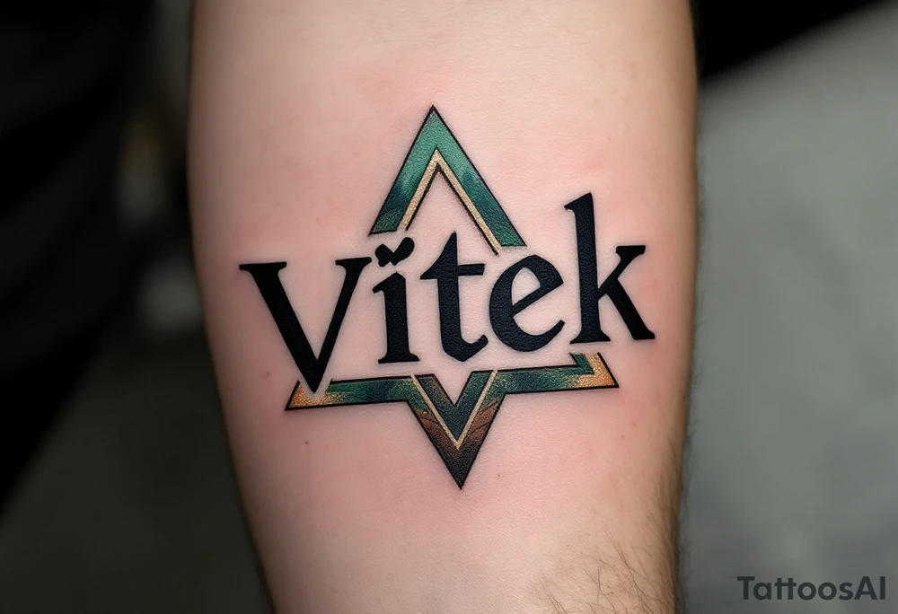 Vítek written in strong, clean letters, surrounded by geometric triangles in shades of forest green and earthy brown. tattoo idea