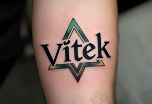Vítek written in strong, clean letters, surrounded by geometric triangles in shades of forest green and earthy brown. tattoo idea