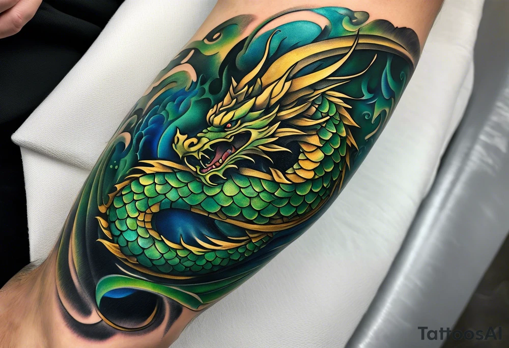An epic dragon wraps around the calf, its body coiling dynamically, with scales and horns detailed to create a sense of movement and strength. The dragon features accents in green, blue, and gold, giving a vibrant depth and a mystical aura. This tattoo highlights the dragon’s fierce expression and sharp claws as it wraps protectively around the leg. Style: Realism tattoo idea