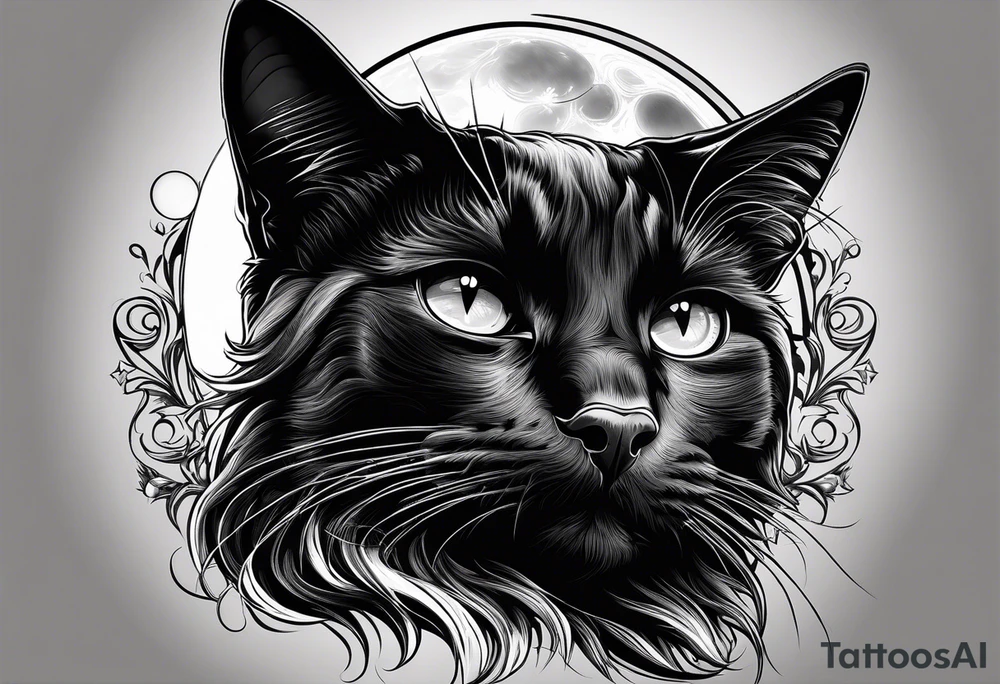 Photo realistic black cat head only facing forward add moon tattoo idea