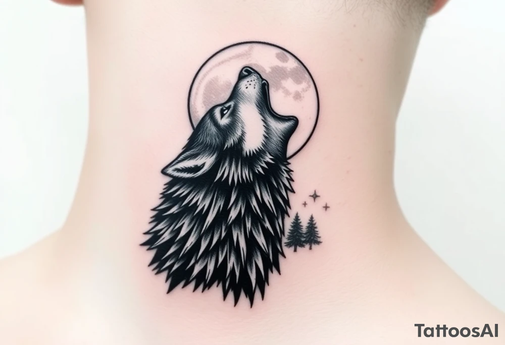 lone wolf howling at full moon with northern lights backdrop tattoo idea