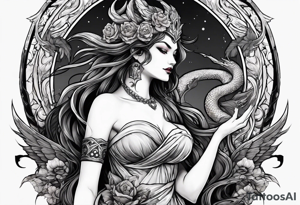 a profile of the demon goddess lilith holding a serpent tattoo idea