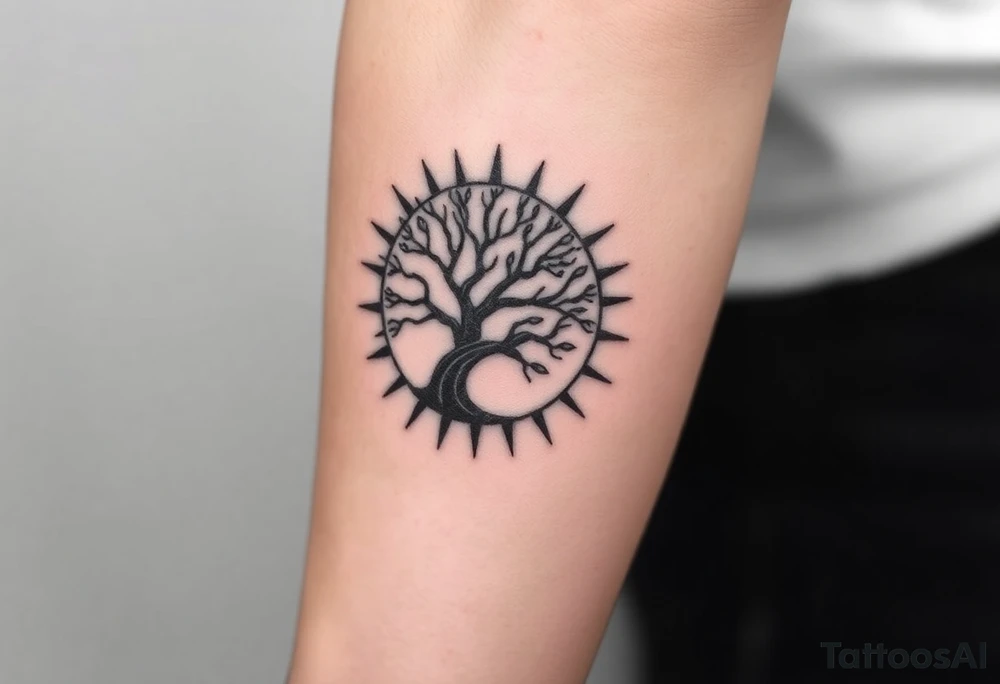 Tree inside of a spiral moving sun tattoo idea