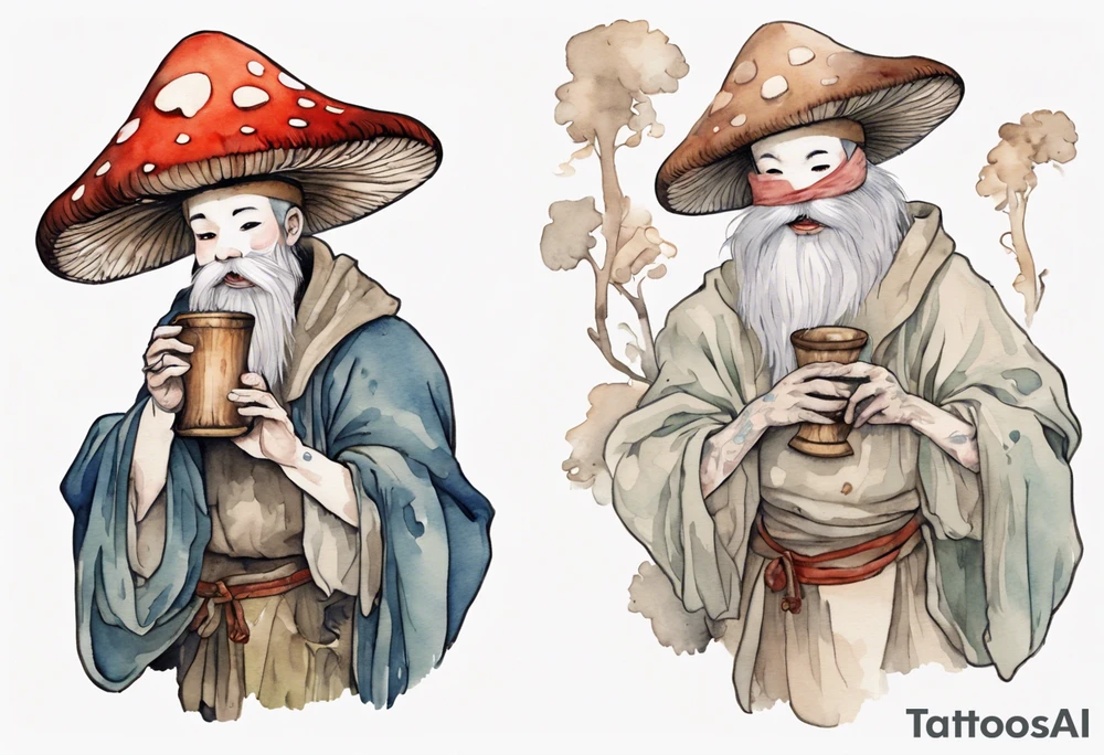 a mushroom person with a fur-covered face wearing a mushroom hat wearing a medieval tunic drinking from a wood cup, laughing tattoo idea