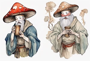a mushroom person with a fur-covered face wearing a mushroom hat wearing a medieval tunic drinking from a wood cup, laughing tattoo idea
