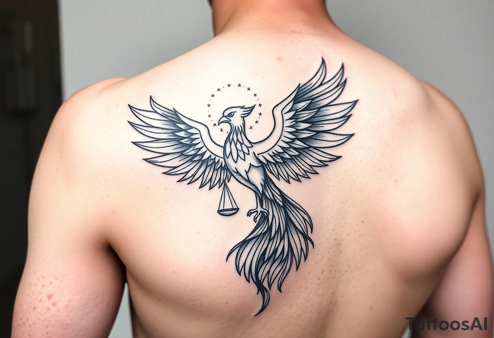Side arm tattoo with the phoenix rising from the ashes linked with libra sign and based on discipline and the help of God.Geometric and abstract style tattoo idea