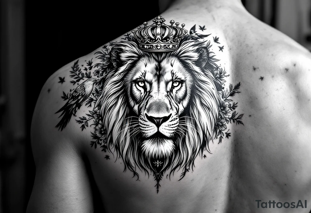 powerful majestic lion with a crown, surrounded by floral ornaments and birds tattoo idea