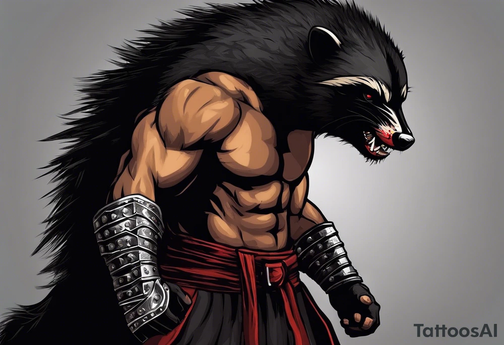 Draw me psychopath Fearless Honey Badger/Berserker with aggressive full body, killer face with a scary smile, very long nails and he attacks like a Bloody Assassin/Warrior/Gladiator to us and also, he has very deadly looking. He fights with his nails only. Everybody scares after their first sight. Give me horror type Badger Tattoo. I want to see his Realistic full body with no weapons. You can show destruction at the back. tattoo idea