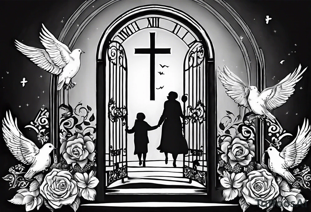 Memorializing Mawmaw
07-05-38 / 09-23-24
Grandson and grandma walking up to the gates of heaven with the gates opened shinning bright with a cross and Doves flying around 
Big Busted clock behind it with the time of her death 7:00pm tattoo idea