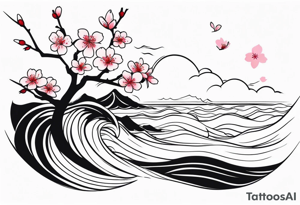 cherry blossom with waves tattoo idea