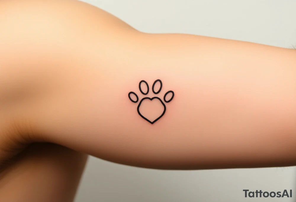 A simple black-line paw print forming a heart, with clean, thin strokes for a timeless and elegant minimalist design tattoo idea