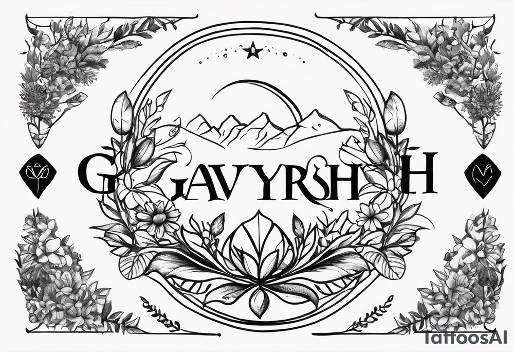 Sketch of tattoo inscription, in nature, above the stomach, under the chest, semicircle, Latin, in the style of letters, the word "GAVRYSH". tattoo idea